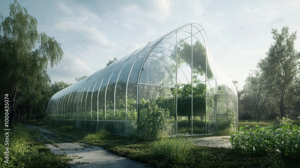 Depict a self-repairing agricultural greenhouse, where tears and punctures in the structure are sealed automatically, optimizing growing conditions and minimizing Depict a self-repairing agricultural greenhouse, where tears and punctures in the structure are sealed automatically, optimizing growing conditions and minimizing