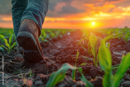 Young farmer walking in a corn field with boots photo