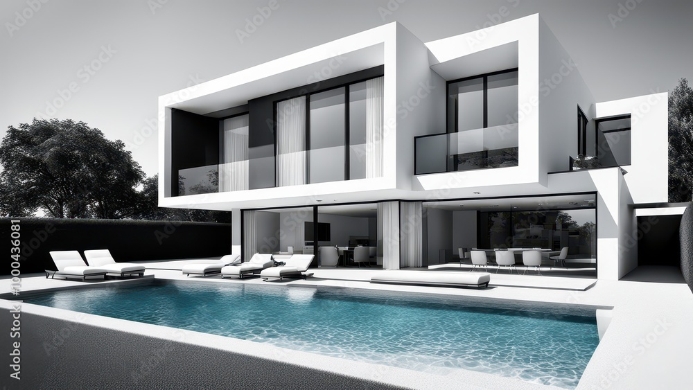 Fototapeta premium Modern architectural villa with a pool, featuring sleek lines and minimalist design.