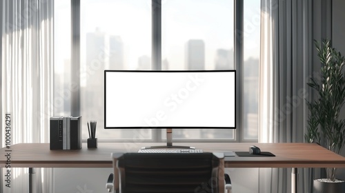 Mockup of widescreen monitor on desk in office, AI-generative