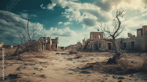 A haunting scene of a deserted town with skeletal remains of buildings scattered across a dry, barren landscape. The dramatic sky adds a sense of eeriness and abandonment, creating a powerful post
