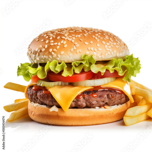 A tasty hamburger with fries, fast food