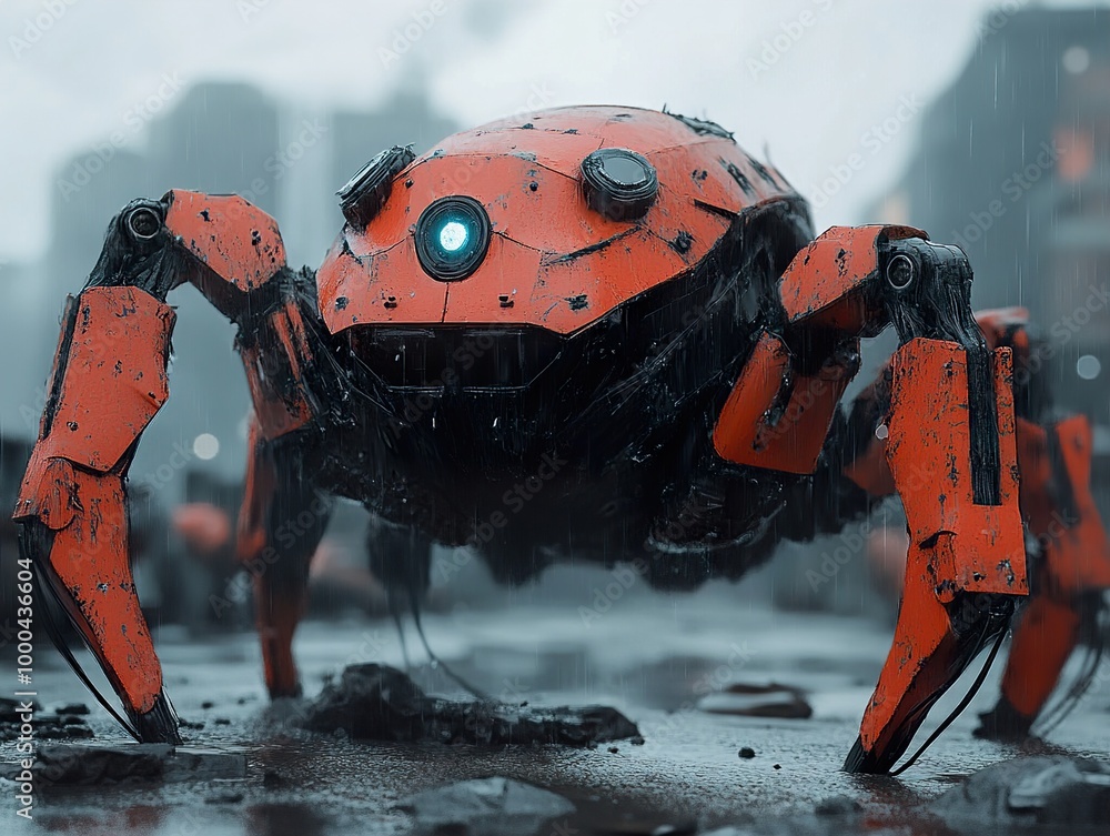 Futuristic Spider Robot in a Rainy City Futuristic Spider Robot in a Rainy City