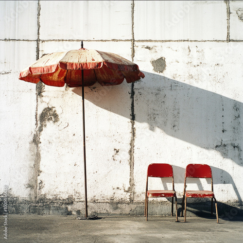 A parasol and two chairs with comfortable and cozy weekend afternoon. 1:1 ratio