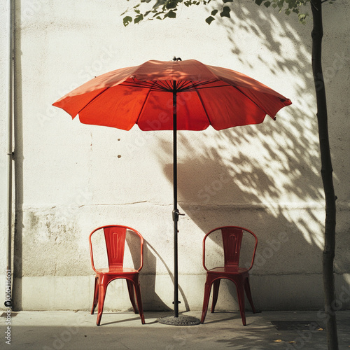 A parasol and two chairs with comfortable and cozy weekend afternoon. 1:1 ratio