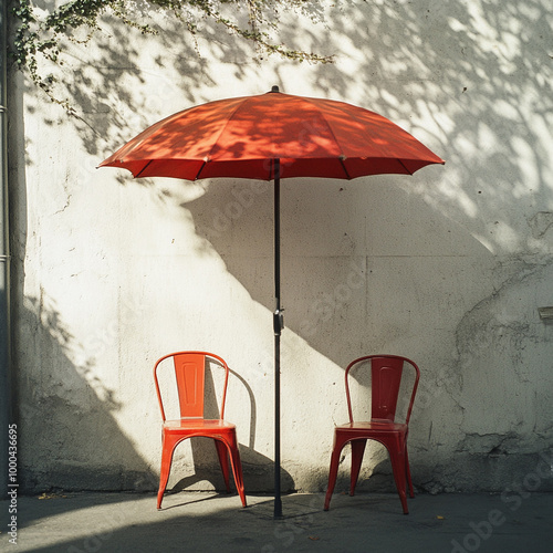 A parasol and two chairs with comfortable and cozy weekend afternoon. 1:1 ratio