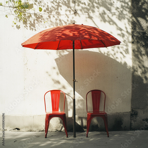 A parasol and two chairs with comfortable and cozy weekend afternoon. 1:1 ratio