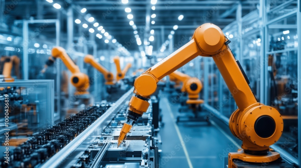Orange robotic arms operate on an automated assembly line in a large, modern factory, showcasing industrial automation and advanced manufacturing technology.
Orange robotic arms operate on an automated assembly line in a large, modern factory, showcasing industrial automation and advanced manufacturing technology.