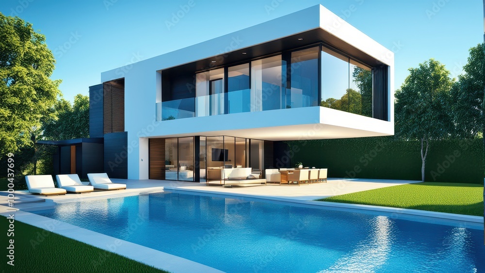 Fototapeta premium Modern house with large windows, pool, and outdoor seating in a landscaped environment.
