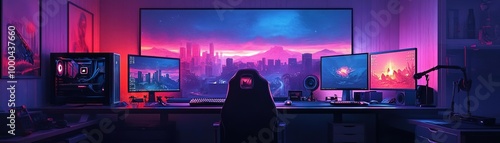 A modern gaming setup featuring multiple monitors, vibrant lighting, and a stylish gaming chair in a sleek workspace.
