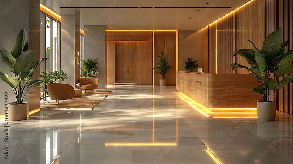 Fototapeta premium Modern minimalist hotel lobby interior design with warm yellow LED lights