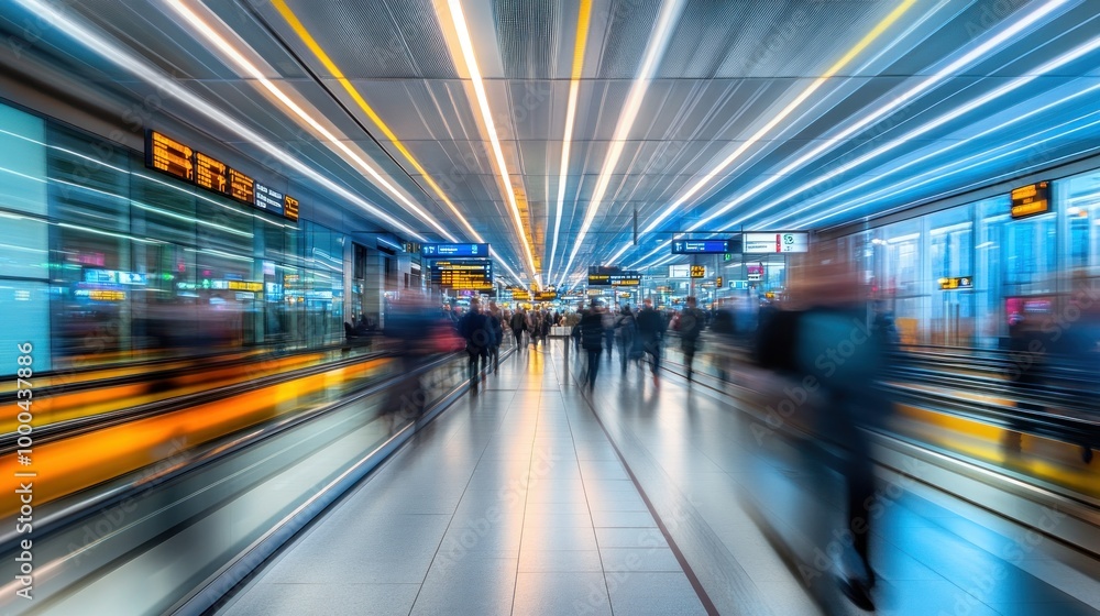 Blurred Motion of People Walking on a Conveyor Belt in a Modern Airport Terminal Blurred Motion of People Walking on a Conveyor Belt in a Modern Airport Terminal