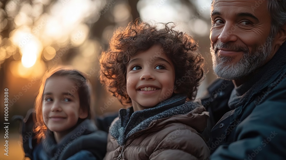 A joyful moment shared between a grandfather and his grandchildren during sunset in a serene outdoor setting. A joyful moment shared between a grandfather and his grandchildren during sunset in a serene outdoor setting.
