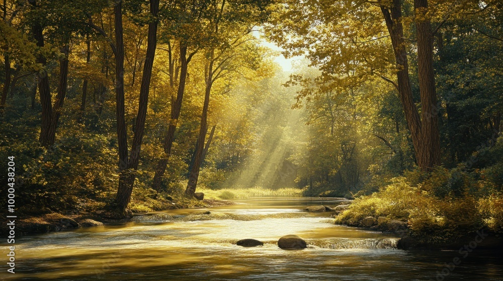 Obraz premium Sunbeams Filtering Through Trees Illuminating a Tranquil Forest Stream