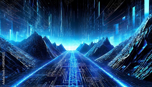 Flying Through Futuristic Digital Geological Terrain, Showcasing Technology and Cybersecurity Elements with a Striking Blue Theme, Ideal for Illustrating Advanced Digital Landscapes photo