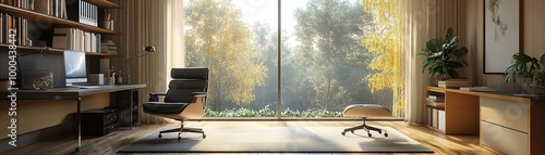 Modern office space with large window, wooden details, and greenery for a serene working environment.