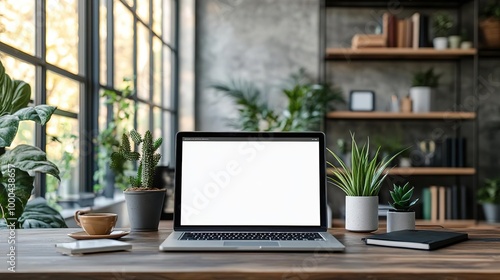 A stylish workspace featuring a laptop, plants, and a cozy ambiance, ideal for productivity and creativity.