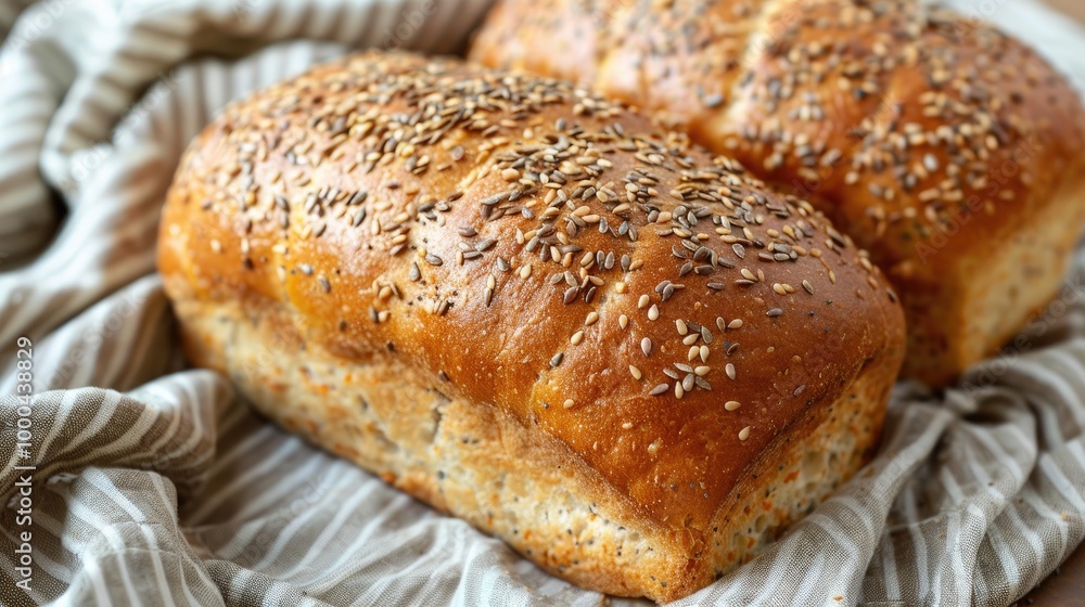 Freshly Baked Homemade Whole Wheat Bread With Flaxseeds On Napkin Useful Dietary Bread Freshly Baked Homemade Whole Wheat Bread With Flaxseeds On Napkin Useful Dietary Bread
