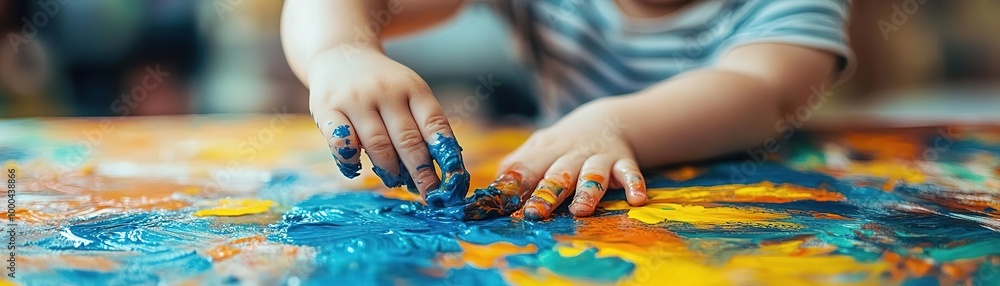 A child's hands play with colorful paint on a table, showcasing creativity and exploration in art. A child's hands play with colorful paint on a table, showcasing creativity and exploration in art.