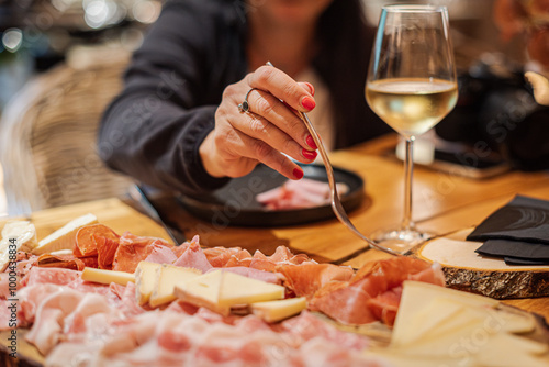 Elegant aperitivo around a huge charcuterie platter.