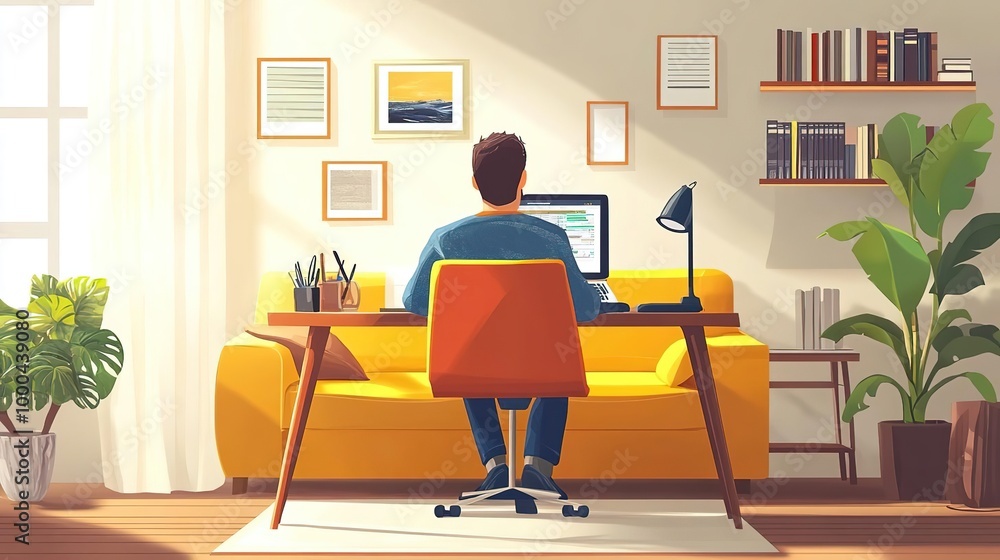 A person working at a modern home office, surrounded by plants and artwork, showcasing a cozy and productive workspace. A person working at a modern home office, surrounded by plants and artwork, showcasing a cozy and productive workspace.