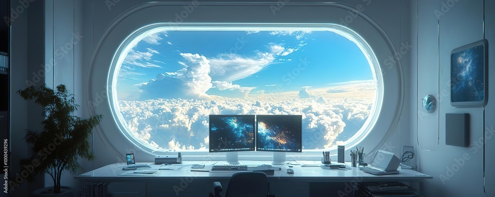 Obraz premium A modern workspace featuring dual monitors with a stunning view of clouds and blue sky through a large oval window.