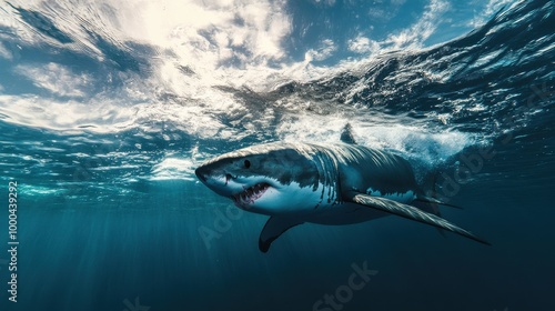 Wallpaper Mural Great White Shark Breaching Water Surface Torontodigital.ca