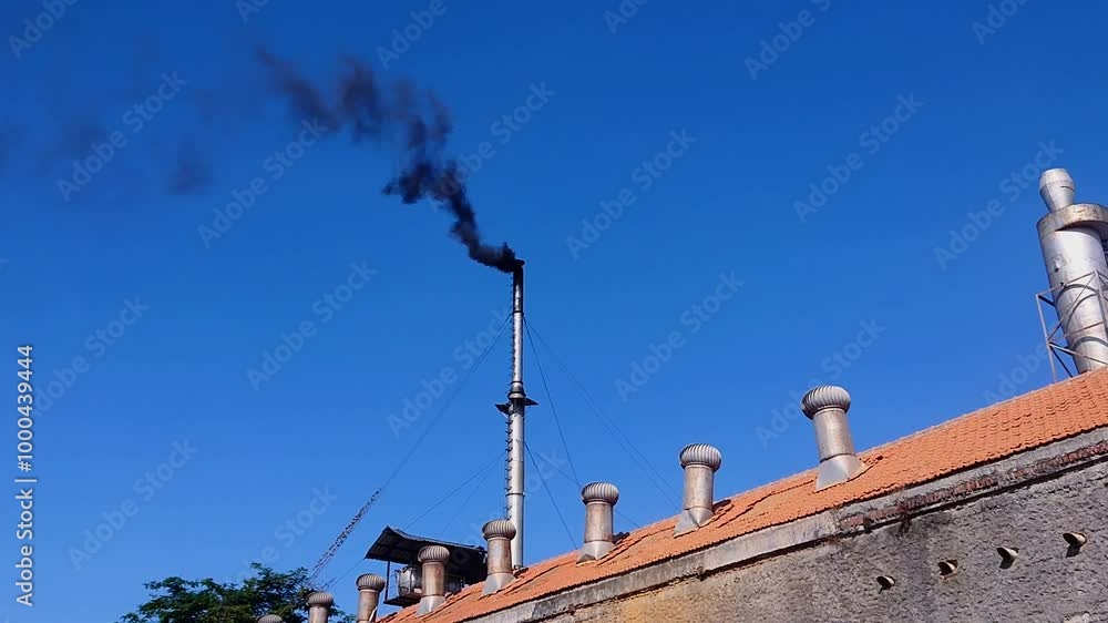 thick black smoke coming out of the chimney of a wood processing plant thick black smoke coming out of the chimney of a wood processing plant