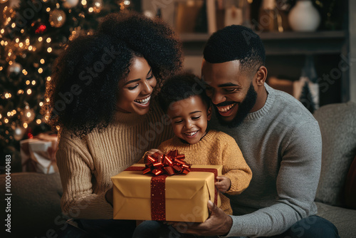 african american parents giving their kid the christmas present in the well decored living room on Christmas night 