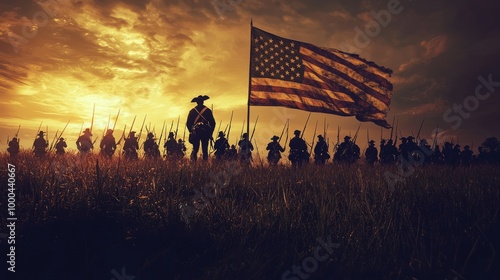 Patriotic Patriots: Historic Reenactment of Revolutionary War Battle with Soldiers in Period Costumes and American Flag Raised High
