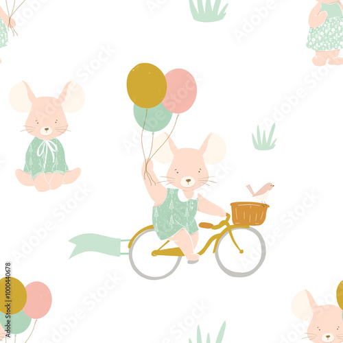 A little cute girl mouse is riding a bicycle while holding balloons seamless pattern illustration. Hand painted surface design for birthday, nursery decor photo