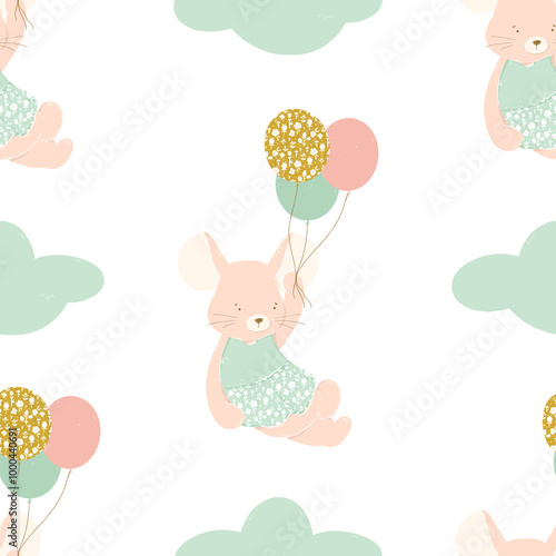 A little cute girl mouse holding balloons around the clouds in the sky seamless pattern illustration. Handpainted on white background. For kids designs, nursery decor, wallpapers