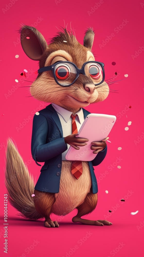 Fototapeta premium A quirky cartoon squirrel in a blue suit and red tie, wearing large glasses, holds a tablet while surrounded by falling confetti against a vibrant pink background. The fun combination of business