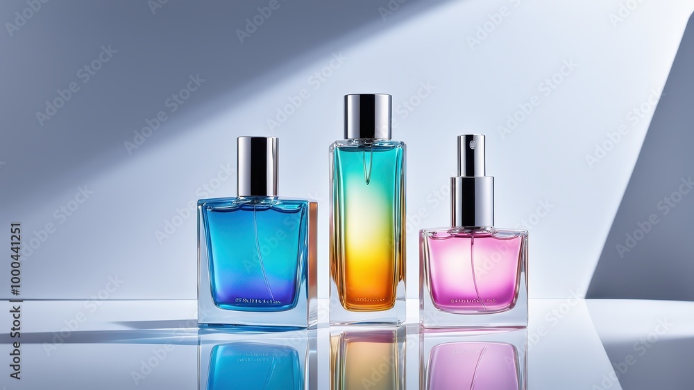 Three elegant perfume bottles showcasing vibrant colors in a stylish arrangement. Three elegant perfume bottles showcasing vibrant colors in a stylish arrangement.