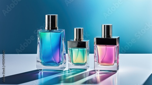 Three elegant perfume bottles in varying sizes with colorful liquid and reflective surfaces.