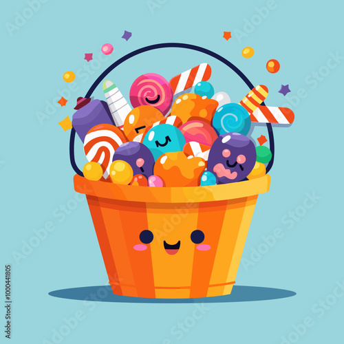 Cheerful vector illustration of a bucket filled with colorful candies and sweets on a light blue background
