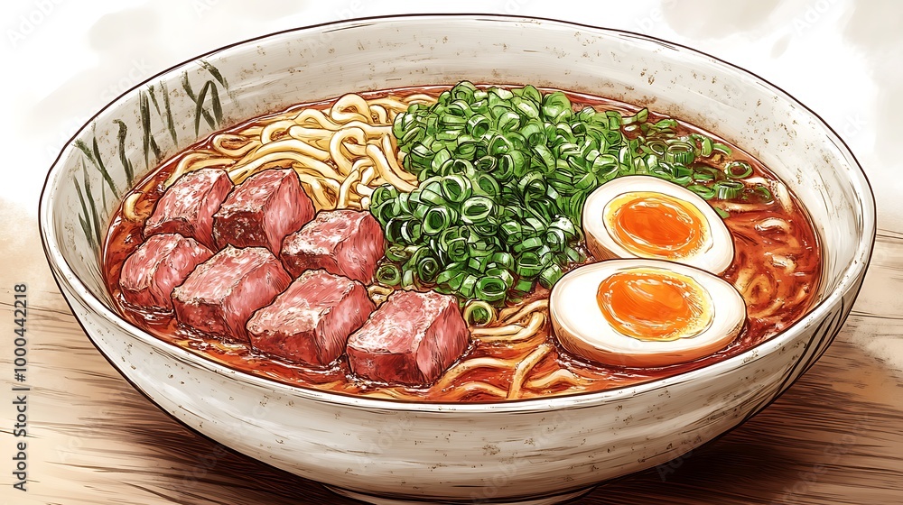 Delicious bowl of ramen noodles with pork, egg, and scallions, Japanese cuisine Delicious bowl of ramen noodles with pork, egg, and scallions, Japanese cuisine