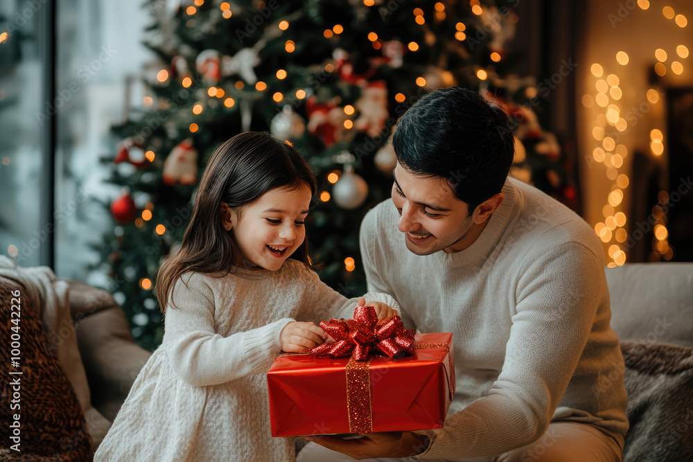 young parents with little girl are opening the christmas presents in decorated living room with x'mas tree and gifts boxes