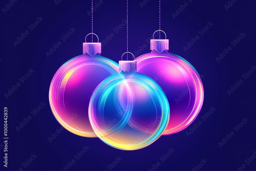 Fototapeta premium Futuristic neon glowing Christmas ornaments on dark background blending traditional festive symbols with modern vibrant lighting for a unique holiday design