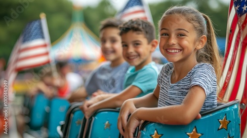 Patriotic Fun at the Amusement Park: Happy Family Amidst American Flags on Rides