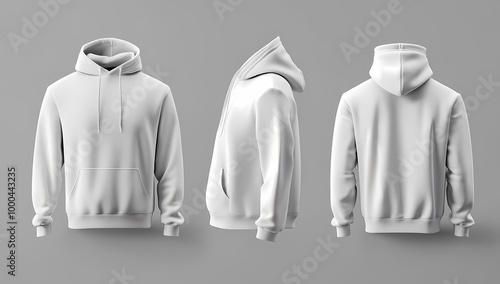 3D realistic white hoodie, front view, side, and back views on a grey background for mockup design.