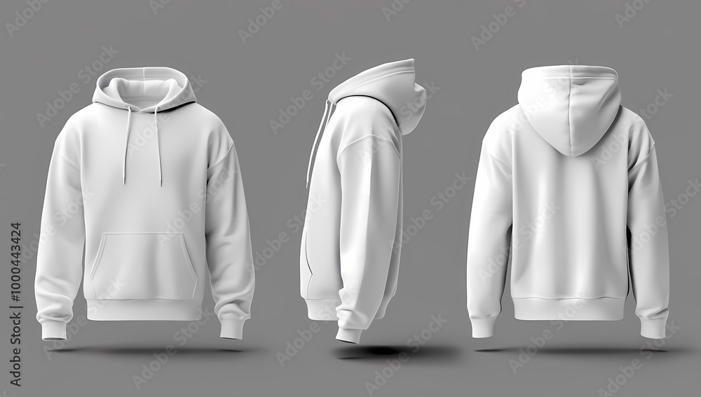 3D realistic white hoodie, front view, side, and back views on a grey background for mockup design 3D realistic white hoodie, front view, side, and back views on a grey background for mockup design