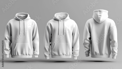 3D realistic white hoodie, front view, side, and back views on a grey background for mockup design