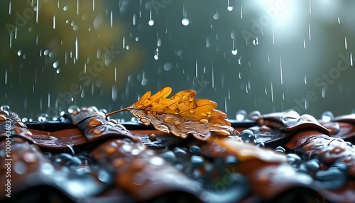 Close-up of raindrops on a roof, highlighting the tranquil beauty of natural precipitation in an AI-generated serene scene. photo