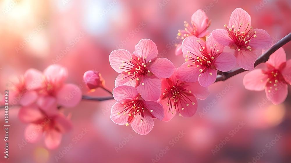 Naklejka premium Soft pink cherry blossoms in bloom against a blurred background
