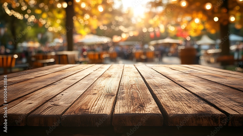 Wooden table with blurred background of a festival with people, lights, and trees. Wooden table with blurred background of a festival with people, lights, and trees.
