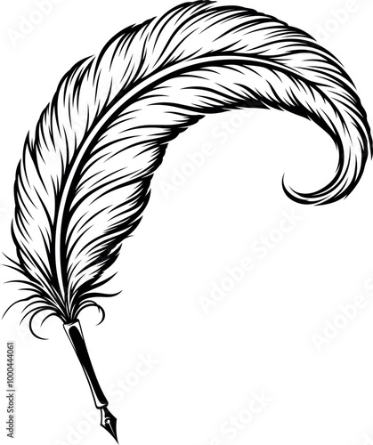 Detailed quill pen with a feather. Tattoo, intricate design and decor element. Highly detailed and accurate lines for print or engraving