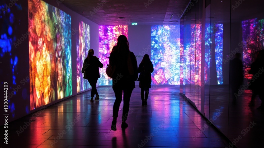 Silhouettes of People Walking Through a Hallway Lit by Colorful Projections Silhouettes of People Walking Through a Hallway Lit by Colorful Projections