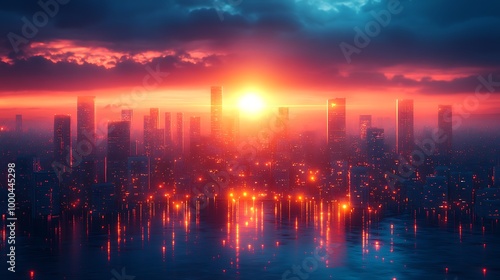 Futuristic city skyline with sunset and neon lights, abstract digital art