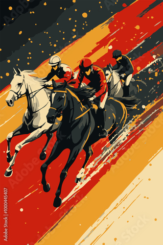 Dynamic illustration of horse racing with three jockeys competing on vibrant background